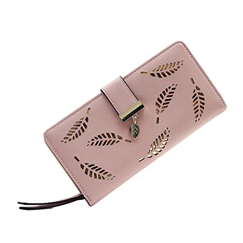 YOUNAFEN Damen-Geldbörse, hohl, Blattschnalle, PU-Leder, lange Geldbörse für Mädchen, Münzgeldbörse, Kartenhalter, Clutch, Pink, as pics show von YOUNAFEN