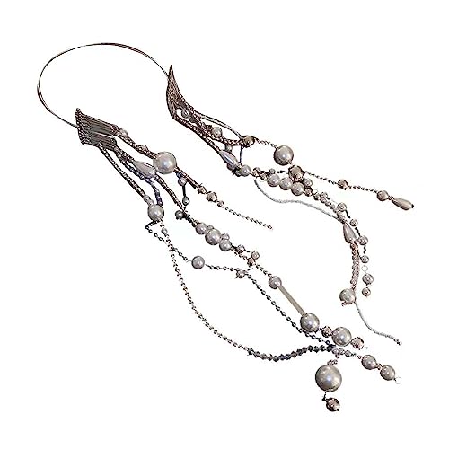 YOUNAFEN Elegantes Perlen-Stirnband, lange Quasten, Kopfschmuck, Haarreif mit langer Kette, süßes Haar-Accessoire für Damen und Mädchen von YOUNAFEN