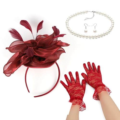 YOUNAFEN Fascinator-Set für Damen, elegante Perlen, Opern-Halskette, Ohrringe, Spitzen-Handschuhe, 1920er-Jahre-Stil, vielseitige Kopfbedeckung von YOUNAFEN