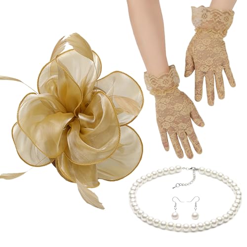 YOUNAFEN Fascinator-Set für Damen, elegante Perlen, Opern-Halskette, Ohrringe, Spitzen-Handschuhe, 1920er-Jahre-Stil, vielseitige Kopfbedeckung von YOUNAFEN