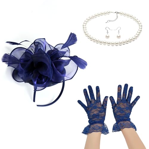 YOUNAFEN Fascinator-Set für Damen, elegante Perlen, Opern-Halskette, Ohrringe, Spitzen-Handschuhe, 1920er-Jahre-Stil, vielseitige Kopfbedeckung von YOUNAFEN