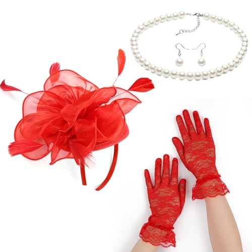 YOUNAFEN Fascinator-Set für Damen, elegante Perlen, Opern-Halskette, Ohrringe, Spitzen-Handschuhe, 1920er-Jahre-Stil, vielseitige Kopfbedeckung von YOUNAFEN