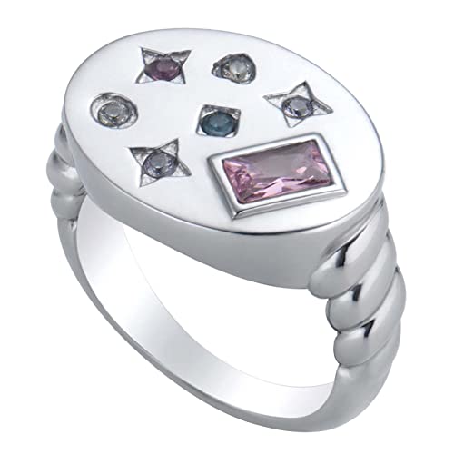 YOUNAFEN Geometrischer bunter Zirkon-Stein, rosa-blauer Kristall-Sternring für Damen, glänzende Messingringe, täglicher, minimalistischer Schmuck von YOUNAFEN