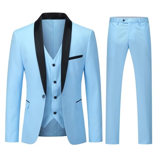 YOUTHUP Herren 3 Teiliger Slim Fit Anzüge Hochzeit Party Herrenanzug Schalkragen Smoking Sakko Hose Weste, Himmelblau, L von YOUTHUP