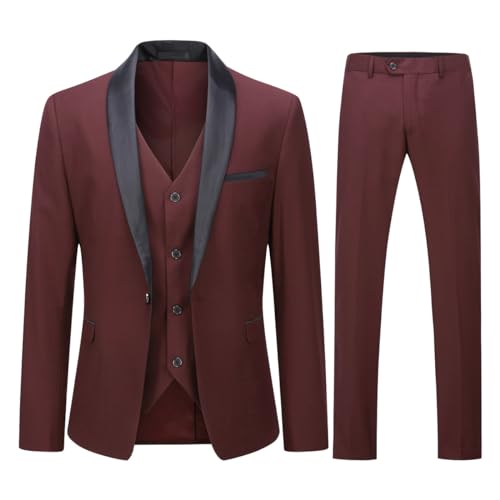 YOUTHUP Herren 3 Teiliger Slim Fit Anzüge Hochzeit Party Herrenanzug Schalkragen Smoking Sakko Hose Weste, Rotwein, L YOUTHUP Herren 3 Teiliger Slim Fit Anzüge Hochzeit Party Herrenanzug Schalkragen Smoking Sakko Hose Weste, Rotwein, L von YOUTHUP
