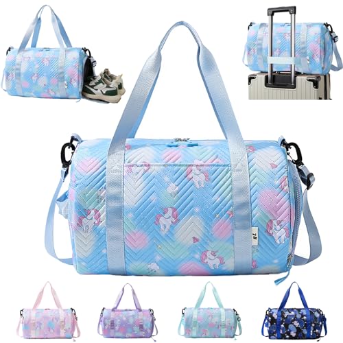 YOUYIKE Sporttasche Mädchen, Einhorn Yogatasche, Reisetasche Kinder, Schwimmtasche, Wasserdicht Turnbeutel, Gym Bag, Sportrucksack, Trainingstasche mit Schuhfach & Nassfach, Blau von YOUYIKE