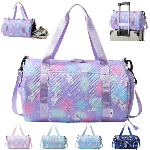 YOUYIKE Sporttasche Mädchen, Einhorn Yogatasche, Reisetasche Kinder, Schwimmtasche, Wasserdicht Turnbeutel, Gym Bag, Sportrucksack, Trainingstasche mit Schuhfach & Nassfach, Lila von YOUYIKE