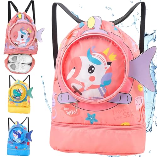 YOUYIKE Kinder Turnbeutel Wasserdicht, Einhorn Nasser und Trockener Sportrucksack, Schwimmrucksack Mädchen Hohe Kapazität mit Trennung Schuhfach mit Kordelzug, Sporttasche, Reisen, Einkaufssack von YOUYIKE