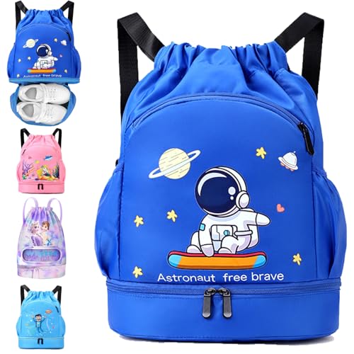 YOUYIKE Schwimmtasche Kinder, Astronauten Sportbeutel Junge mit Kordelzug, Wasserdichter Rucksack mit Bodenfach, 30 * 16 * 42 cm Große, Gym Bag Kinder-Sporttasche Blau von YOUYIKE