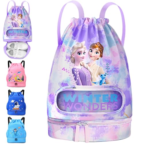 YOUYIKE Schwimmtasche Kinder, Frozen-Elsa Sportbeutel Mädchen mit Kordelzug, Wasserdichter Rucksack mit Bodenfach, 34.5 x 33.5 cm Große Kinder-Turnbeutel Lila von YOUYIKE