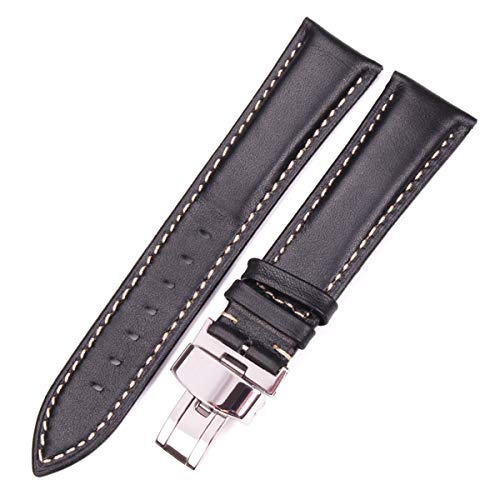 Uhrenarmbänder – Ersatz-Uhrenarmbänder, 18 x 24 mm, for Damen und Herren, Vintage-Stil, glattes Uhrenarmband, dunkelbraunes Lederarmband, Metall-Schmetterlingseinsatz ( Color : Black , Size : 19mm ) von YOUYIMEI