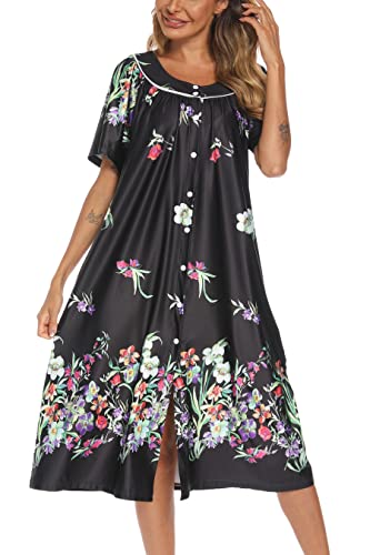 YOZLY Hauskleider Damen Kurzarm Hausmantel Mumu Lounge Kleid mit Taschen S-XXL, schwarz / grün, X-Groß von YOZLY