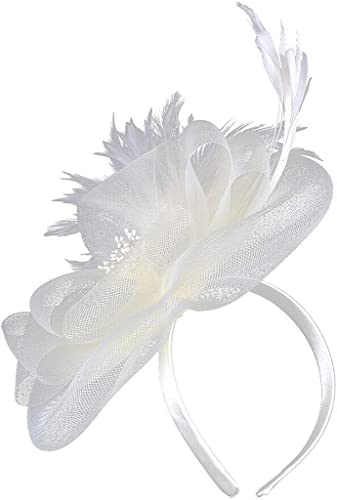 Mesh-Fascinator for Damen, Federn-Teeparty-Hut, Schleier-Stirnband mit Haarspange, Haar-Accessoire, Fasinators-Stirnband (Color : White, Size : One Size) von YPOSPDD