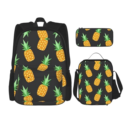 YQxwJL College-Rucksack-Set mit Ananas-Aufdruck, Reise-Tagesrucksack-Set mit Lunchbox, Federmäppchen, für Damen und Herren, Schwarz, Einheitsgröße, Schwarz, One Size YQxwJL College-Rucksack-Set mit Ananas-Aufdruck, Reise-Tagesrucksack-Set mit Lunchbox, Federmäppchen, für Damen und Herren, Schwarz, Einheitsgröße, Schwarz, One Size von YQxwJL