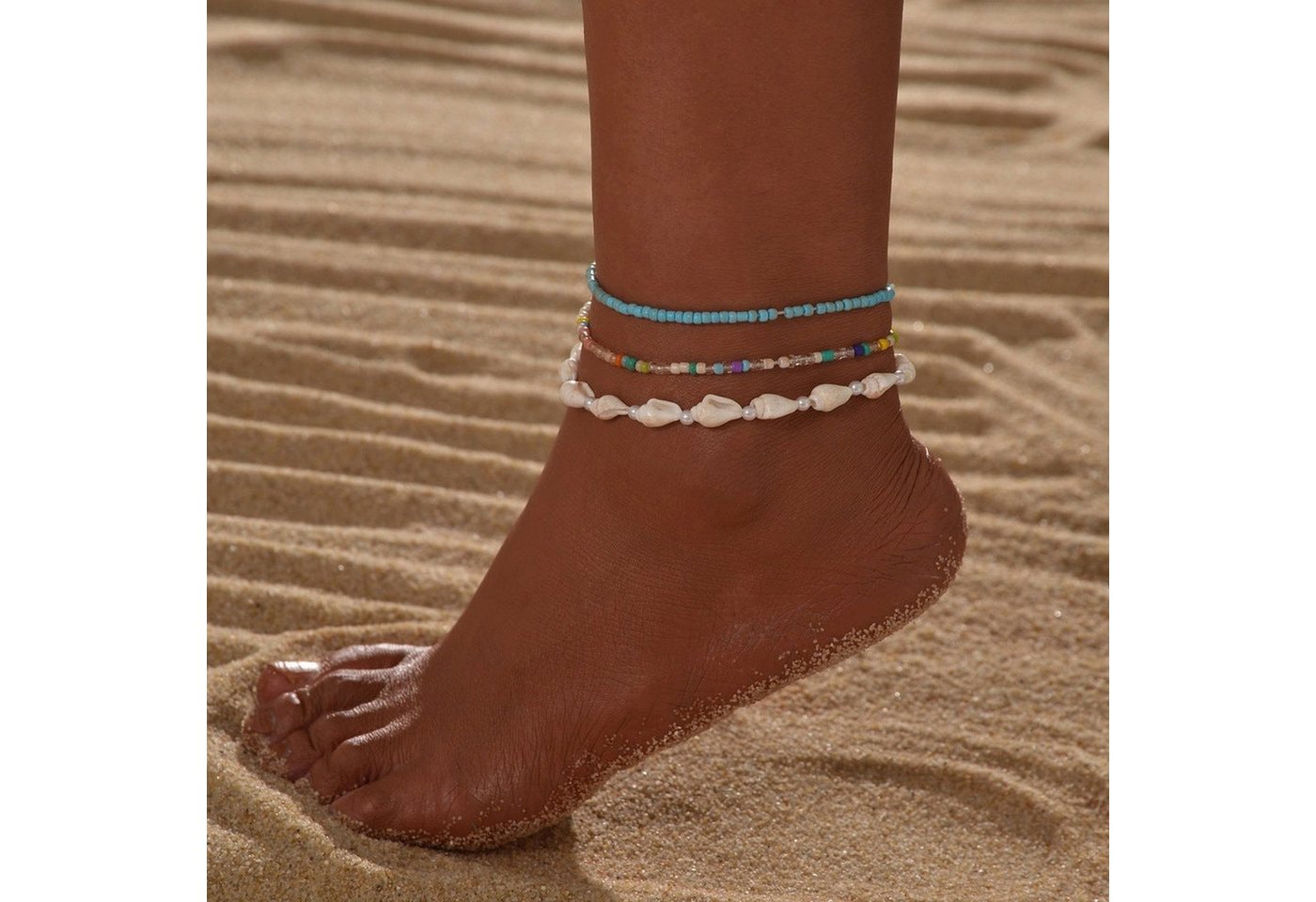 YRIIOMO Fußkette Böhmisches Resort-Stil-Muschel zufällige Farbe, Reisperlen geflochtenes elastisches Fußkettchen 3-teiliges Set von YRIIOMO