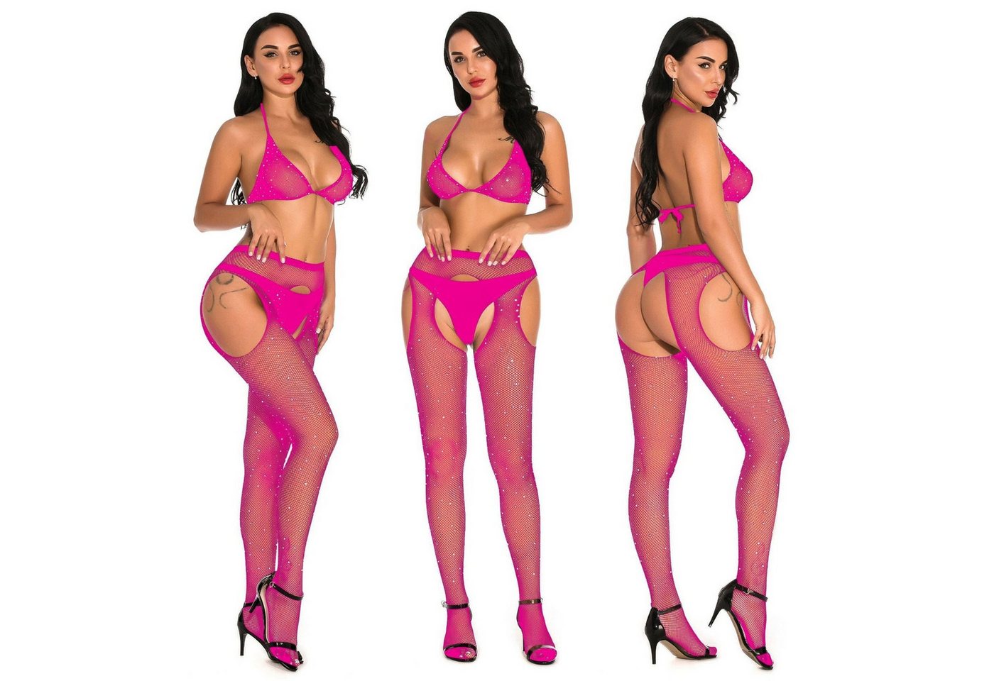 YRIIOMO Set: Corsage BH-Set Sexy Dessous-Netzoverall-Set, sexy Strass-Bikini-Set mit Strassgürtel, Valentinstagsgeschenk, einfarbig, Ohne Unterwäsche von YRIIOMO