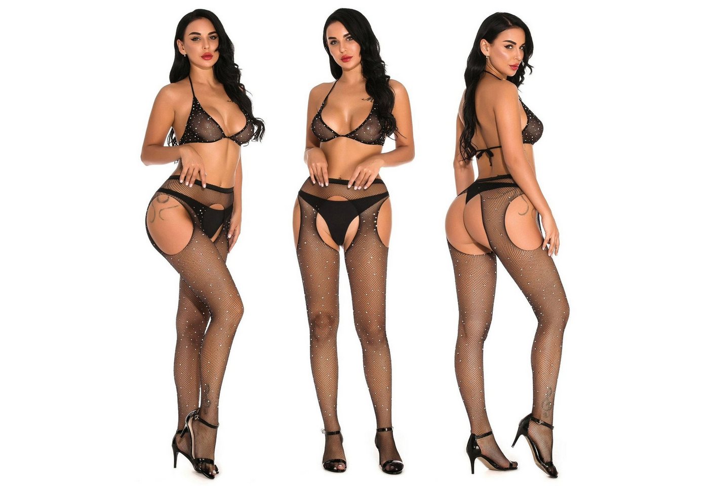 YRIIOMO Set: Corsage BH-Set Sexy Dessous-Netzoverall-Set, sexy Strass-Bikini-Set mit Strassgürtel, Valentinstagsgeschenk, einfarbig, Ohne Unterwäsche von YRIIOMO