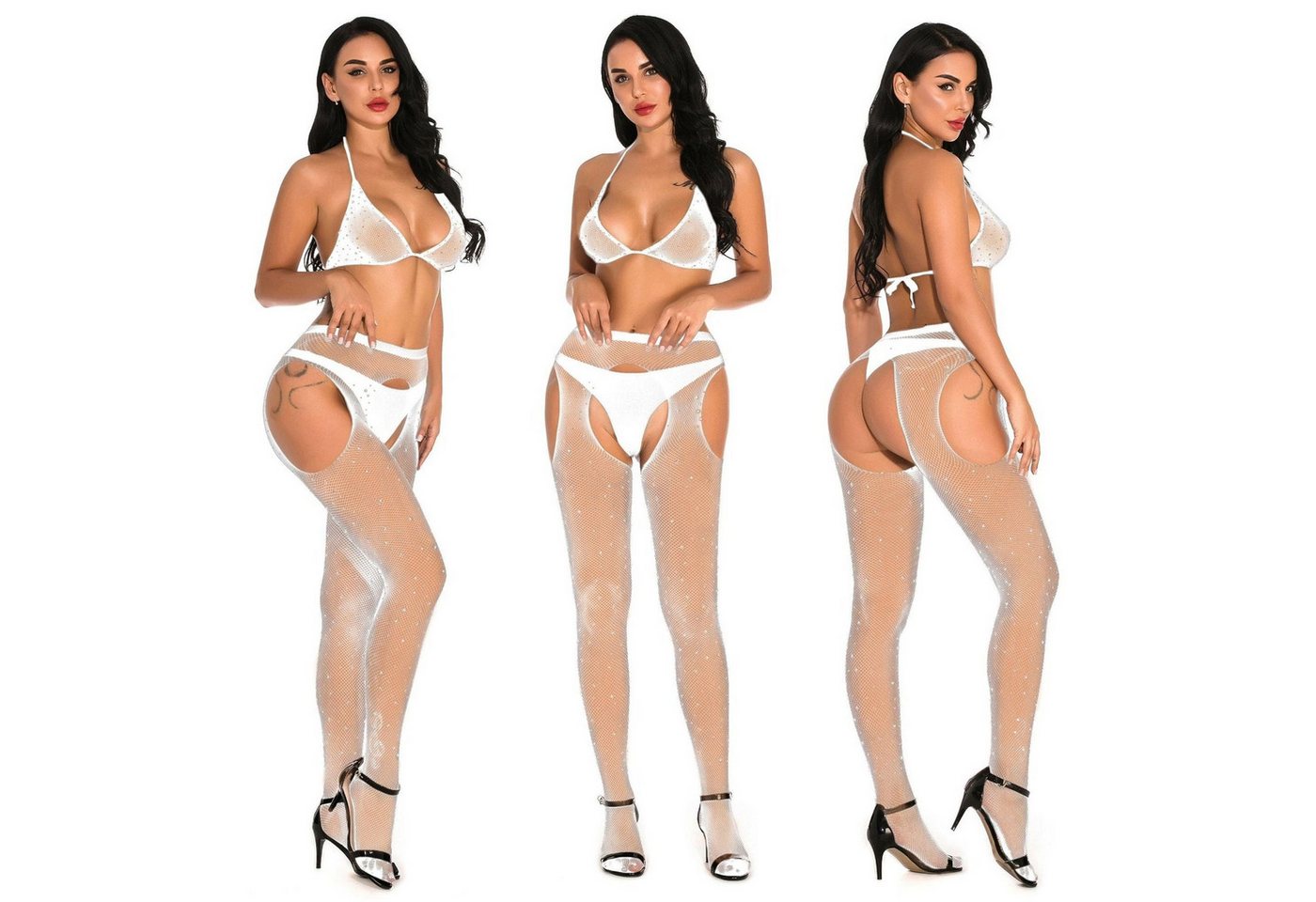 YRIIOMO Set: Corsage BH-Set Sexy Dessous-Netzoverall-Set, sexy Strass-Bikini-Set mit Strassgürtel, Valentinstagsgeschenk, einfarbig, Ohne Unterwäsche von YRIIOMO