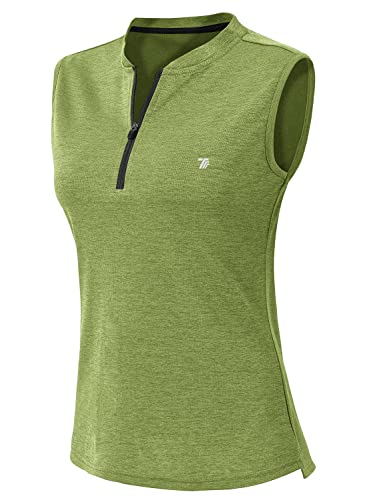 YSENTO Damen Golf Poloshirt Ärmelloses Tennis Shirts Atmungsaktiv Sport Tank Tops mit 1/4 Reißverschluss(Hanf grün,S) von YSENTO