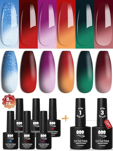 YTD Likomey UV Nagellack Farbwechsel Thermo Set,8 Pcs 6 Farben Mit Base und Top Coat Kit,Soak Off UV Chamäleon Shellac Gelnägel Rot Grün Blau Violett Mehrfarbig Farbgel,7.5ml von YTD Likomey