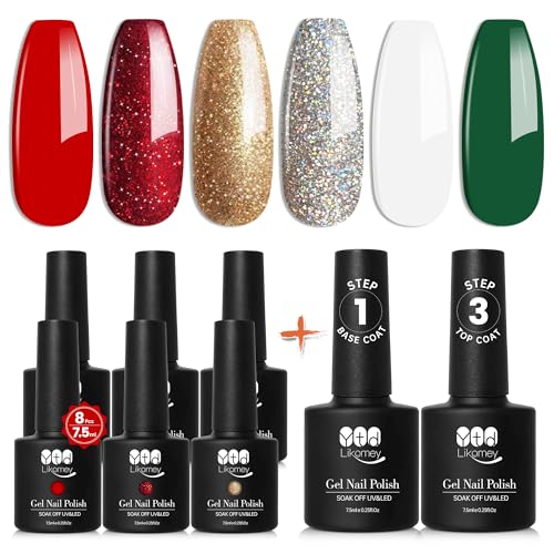 YTD Likomey UV Nagellack Shellac Set,6 Farben Rot Grün Weiß Gold Silber mit Base und Top Coat Festliche Aufkleber in Gold Kit,Farbgel für Gelnägel Weihnachten Maniküre Gel,8 Pcs 7.5ml von YTD Likomey