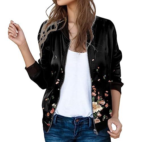 YUE Bomberjacke Damen Blouson Frühlingsjacke Dünne Jacke Reißverschluss Fliegerjacke Winddicht Bequeme Frühlingsjacke 90er Aestethic Sweatjacke Mantel Blouson (Black, XL) von YUE