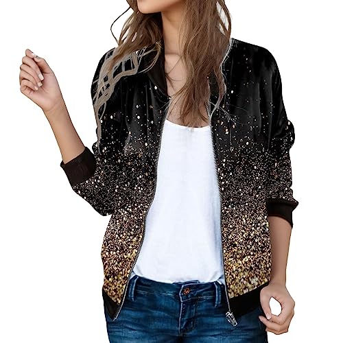 YUE Bomberjacke Damen Blouson Frühlingsjacke Dünne Jacke Reißverschluss Fliegerjacke Winddicht Bequeme Frühlingsjacke 90er Aestethic Sweatjacke Mantel Blouson (Gold, XXL) von YUE