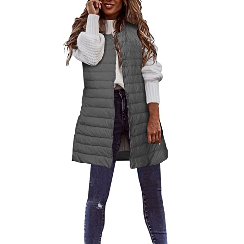 YUE Damen Lang Daunenweste Mantel GroßE GrößEn Schwarz Beige Daunenweste Ärmellose Lange Steppweste Leicht Winterjacke Winddichte Weste Wintermantel Outdoor Jacke Winterweste (Grey, L) von YUE