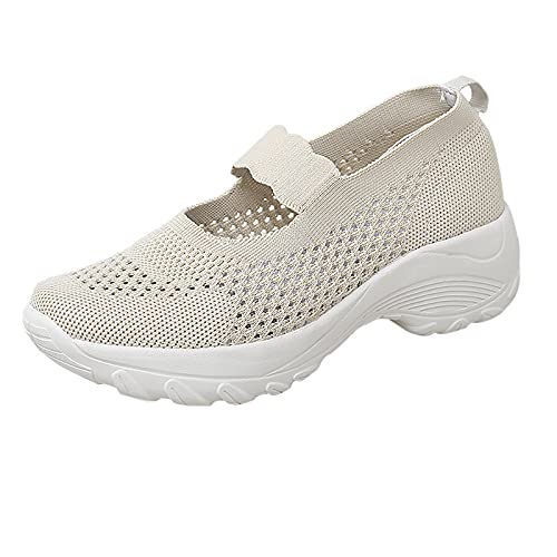 YUE Damen Turnschuhe Sneaker Schuhe Damen Sportschuhe Laufschuhe Freizeit Straßenlaufschuhe Mesh Canvas Plateau Schuhe Arbeit Walking Schuhe Weich Frauen Schnürschuhe (Beige, 38) von YUE