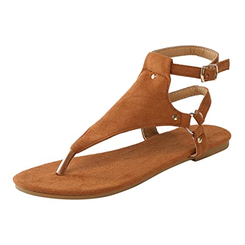 YUE Flache Sandalen Damen Sommer Freizeit Sommer Offene Zehe Zehentrenner Flip Flops mit Weiches Fussbett Sommerschuhe Bequeme Strandschuhe Hausschuhe Damen Sommer (Brown, 43) von YUE