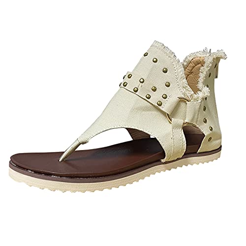 YUE Flache Sandalen Damen Sommer Freizeit Sommer Pantoletten Damen Strandsandaletten mit Weiches Fussbett Sommerschuhe Sandaletten Römische Schuhe Damen Pantoletten Sommer (Beige, 38) von YUE