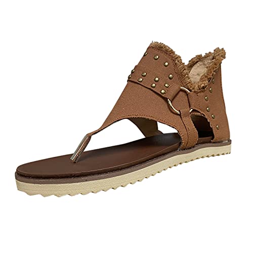 YUE Flache Sandalen Damen Sommer Freizeit Sommer Pantoletten Damen Strandsandaletten mit Weiches Fussbett Sommerschuhe Sandaletten Römische Schuhe Damen Pantoletten Sommer (Brown, 41) von YUE