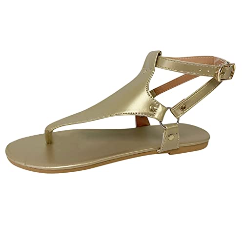 YUE Sandalen Damen Flach Bequem Flip Flops Slippers Sommer Pantoletten Damen Strandsandaletten Orthopädische Orthosandalen Sandaletten Römische Schuhe Pantoletten Damen Sommer (Gold, 38) von YUE