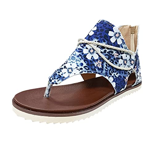 YUE Sandalen Damen Flach Bequem Flip Flops Slippers Zehentrenner Strass Flache Sandaletten Vintage Lässige Rutschfest Open Toe Casual Boho Pantoletten Pantoletten Damen Sommer (Blue, 40) von YUE