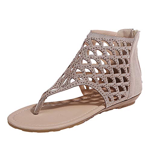 YUE Sandalen Damen Sommer Elegant Flache Sommer Offene Zehe Zehentrenner Flip Flops mit Weiches Fussbett Sommerschuhe Casual Boho Pantoletten Pantoletten Damen Sommer (Khaki, 41) von YUE