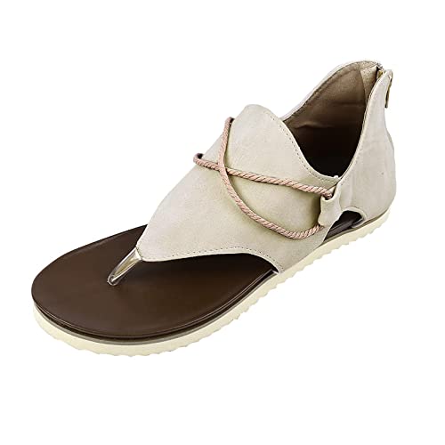 YUE Sandalen Damen Sommer Elegant Flache Zehentrenner Strass Flache Sandaletten Sommer Hausschuhe Bequeme Strandschuhe Pantoletten Damen Sommer (Beige, 38) von YUE