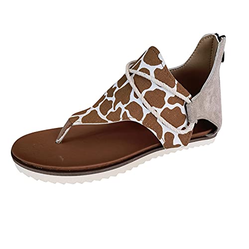 YUE Sandalen Damen Sommer Elegant Flache Zehentrenner Strass Flache Sandaletten mit Weiches Fussbett Sommerschuhe Bequeme Strandschuhe Hausschuhe Damen Sommer (Brown, 37) von YUE