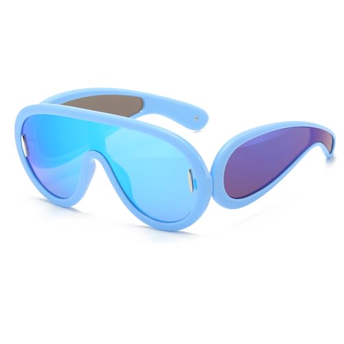 YUELUQU Mode Rave Sonnenbrille für Frauen Männer übergroße futuristische Schild Welle Maske Sonnenbrille Designer Stil (Blau/Blau) von YUELUQU