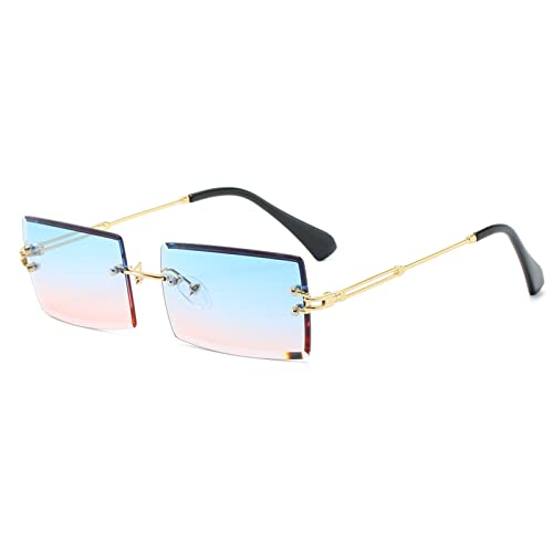 YUELUQU Retro Rahmenlose Sonnenbrille für Damen Herren Mode Retro Rechteck Brille Quadratische durchsichtige Sonnenbrille (A-Gold/Blau Rosa) von YUELUQU