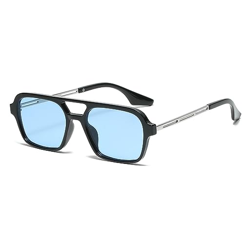 YUELUQU Retro Rechteckige Pilotensonnenbrille herren damen 70er vintage sonnenbrille fahrrad sonnenbrille mit UV400 Schutz (Schwarz/blau) von YUELUQU