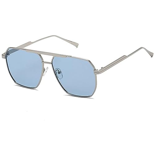 YUELUQU Retro übergroße quadratische Sonnenbrille für Damen Herren Vintage Shades UV400 Klassischer großer Metallrahmen(Silber/blau) von YUELUQU