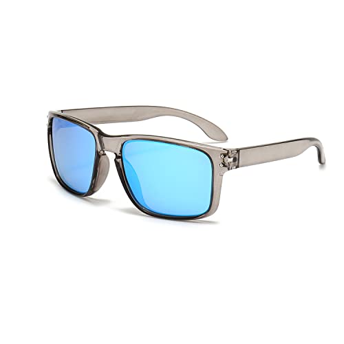 YUELUQU polarisierte sonnenbrille großer Rahmen brille TR90 UV400-Schutz Fahrbrille Unisex Erwachsene (Transparent grau-Blau verspiegelt) von YUELUQU