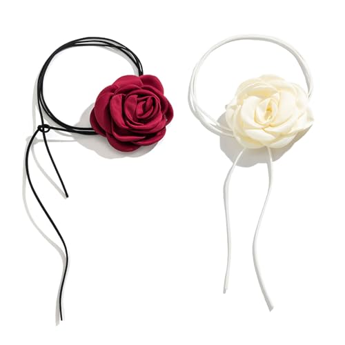 YUEYINGMG Blume Choker Halskette, Retro Rose Choker, Rosen Choker, Satin Blume Hals Kette Samt Blume Choker Elegante Frauen Hals Accessoires für Bankette Hochzeit, Strass von YUEYINGMG