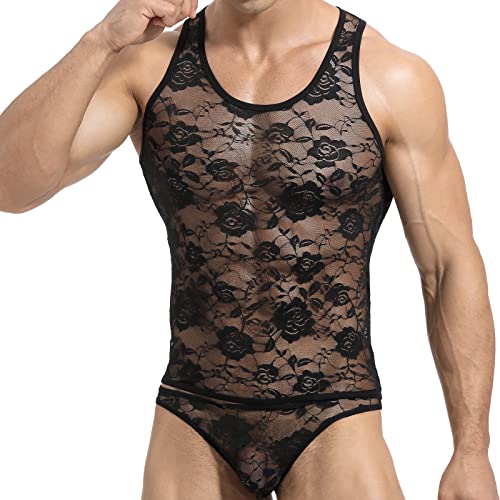 Herren Atmungsaktiv Unterhemd Lange Weste Sheer Mesh Shirt Floral Spitze Sissy Tank Tops Dessous Unterhemd Dehnbar T-Shirt Durchsichtige Unterwäsche Shirt von YUFEIDA