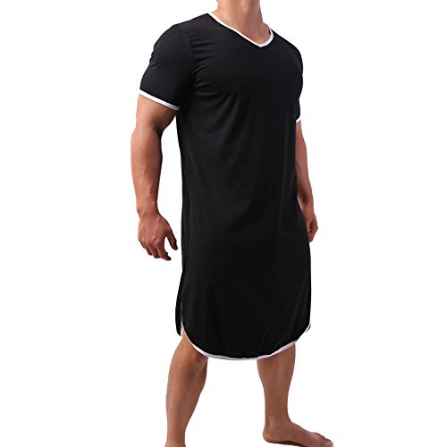 Herren Pyjama Tops Baumwolle Nachthemd Schlafshirts Bequem Nachtwäsche Nachthemden Lose Pyjama Roben, Schwarz , L von YUFEIDA