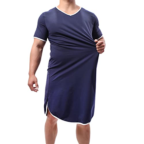 Herren Pyjama Tops Baumwolle Nachthemd Schlafshirts Bequem Nachtwäsche Nachthemden Lose Pyjama Roben, navy, L von YUFEIDA