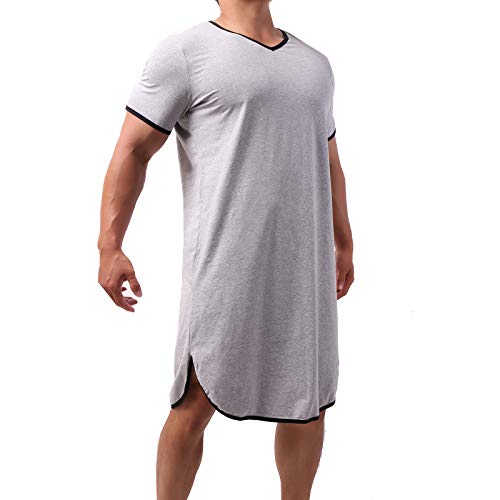 Herren Pyjama Tops Baumwolle Nachthemd Schlafshirts Bequem Nachtwäsche Nachthemden Lose Pyjama Roben, grau, M von YUFEIDA