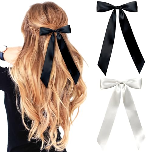 2 Stück Haarschleife Damen Haarspangen mit Schleife Haarspange Satinbandschleifen Weicher und Seidiger Hair Bow Französische Haarspangen für Party Mädchen Damen(Schwarz, Weiß) von YUFFQOPC