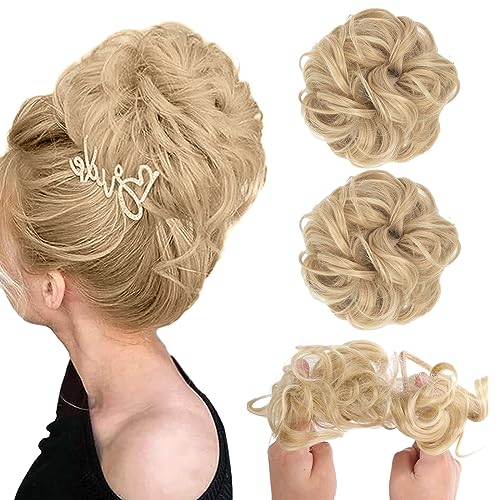 2 Stück Haarteil Mit Gummiband,Haarteil Hair Extensions Dutt Haarteil Gelockt Haarteil Haargummi Hochsteckfrisuren Brautfrisuren Gewellter Unordentlicher Haarknoten für Frauen/Mädchen Bleichblond von YUFFQOPC