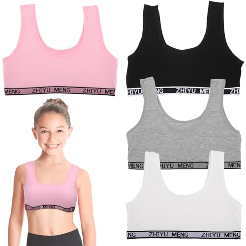 4 Pack Mädchen Sport BH,Bustier Mädchen mit Breiten Mädchen-BHs Sport bh Mädchen 12 Jahre Baumwolle Trägertop für Kinder Tweens Teenager Bh Teenager Mädchen 12 Unterhemden für Mädchen, Weiß Schwarz von YUFFQOPC